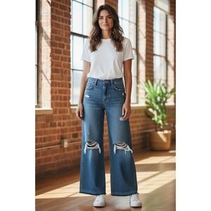 Womens 1XL Wide Leg Jeans Distressed Ripped High Rise Blue Denim Pants
